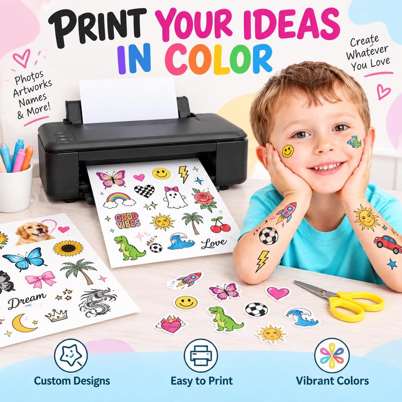 8 Sheets Printable Temporary Tattoo Paper for INKJET PRINTER, Vibrant