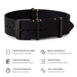 Benchmark Basics Leather Watch Band - Crazy Horse Oiled Leather One-Piece Watch Straps for Men & Women - Choice of Color & Width - 18mm, 20mm, 22mm or 24mm (18mm, Black PVD)