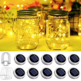 Solar Mason Jar Lights 10 Pack 20 LED Waterproof Outdoor Fairy Firefly String Light Lids with 10 Hangers Rust Resist for Patio Lawn Garden Wedding Lantern Decor No Jars (Warm White)