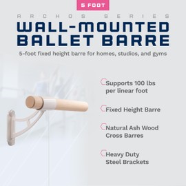 VITA Barre Wall-Mounted Single Ballet Barre, Archos, 5 Ft Bar, Wood | Fixed Height, Made in USA, Home, Studio or Gym Exercise Equipment for Kids & Adults | Dance, Fitness, Pilates