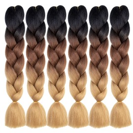 Braiding Hair Extensions 24 Inch Braiding Hair for Women Synthetic Ombre Jumbo Hair Extension for Crochet Braids Hair Hot Water Setting (24 Inch, black to dark brown to light brown)