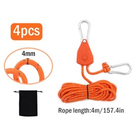 Hitopin 4PCS Reflective Ropes with Pulley, Tent Guy Ropes Guide Ropes, Camping Rope 4mm, Adjustable Rope Clip Hanger, for Tent Tarp Tie Down, Hiking, Backpacking, Outdoor Camping, Awning (Orange)