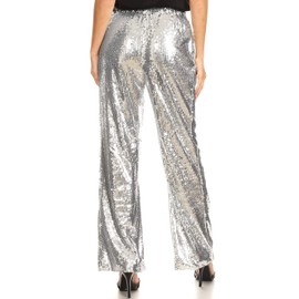 Anna-Kaci Women's Elastic Waist Sparkly Sequin 70's Disco Wide Leg Flare Palazzo Pants, Silver, X-Large