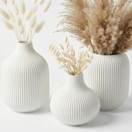 TrendEcoHome Small Matte White Ceramic Vases Set of 3, Modern Minimalist Ribbed Vases for Centerpiece, Home Office Shelf Decor, Farmhouse Kitchen Bathroom Bedroom Living Room Decor