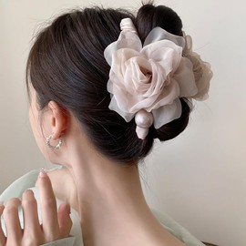 Kenjudess Large Chiffon Rose Flower Hair Claw Clips Boho Mesh Floral Hair Pins Barrettes Strong Hold Non-Slip Beach Vacation Hair Accessories for Women (Pink Large Chiffon Claw with Pearl)
