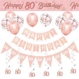 80th Birthday Decorations for Women-Rose Gold 80th Birthday Banners for Her,80th Party Decor Happy 80th Birthday Banner Bunting Foil Hanging Swirls Triangle Flags Confetti Latex Balloons