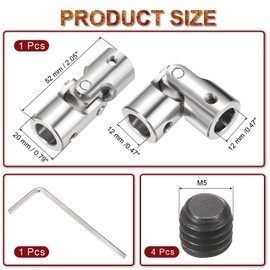 sourcing map 12mm to 12mm ID Steering Universal Joint Shaft Coupling,L52XD20 Metal 45°Degree Rotatable Joints Coupler with Screws Wrench Set for Model Car Ship Drive Shaft Motor Connection