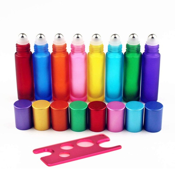 10ml 8 Pack Frosted Glass Roll On Bottles Refillable Essential Oil Glass Roller Bottle With Stainless Steel Roller Balls Perfume Bottle,Colored Aluminum Lid-8 Colour