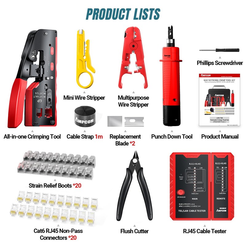 AMPCOM Ethernet Crimping Tool Kit 10-in-1 Pass Through RJ45/RJ11 Network