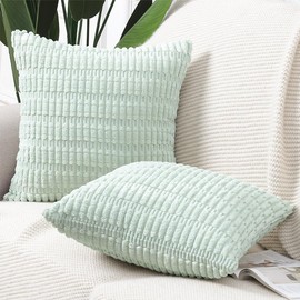 MADIZZ Pack of 2 Boho Striped Corduroy Throw Pillow Covers 12x12 Inch Light Green Soft Decorative Cushion Cover for Sofa Bedroom Pillow Shell