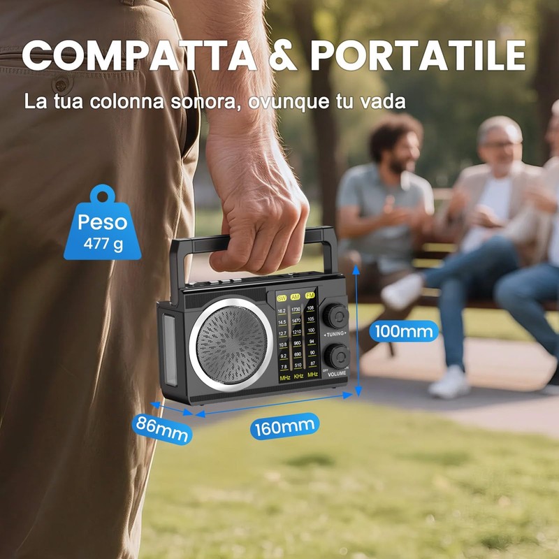 PRUNUS J-135S Radio Portatile AM/FM/SW, Mini Radio Solare Bluetooth 6.0