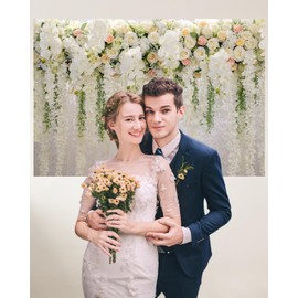 Mocsicka Wedding Flower Backdrop Wall Floral Bridal Shower Backdrops for Photoshoot Wedding Decoration for Reception White Rose Floral Photography Background Banner(7x5ft)