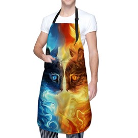 Kibue Confrontation Cat Apron, Kitchen Cooking Baking Adjustable Polyester Fire & Ice Design Aprons for Women, with 2 Pockets, 28×33in, Ideal Gifts for Mom, for Chef Gardening Grilling Cleaning