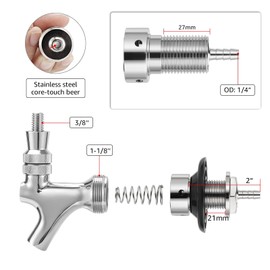 Dbgogo 2'' Draft Beer Faucet Shank, 1/4'' Beer Line Barb No Leak No Drip No Stick Stainless Core Kegerator Brew Tap Beer Shank Dispenser Self-Closing Spring Tap Brush Spanner Wrench Hose Clamp