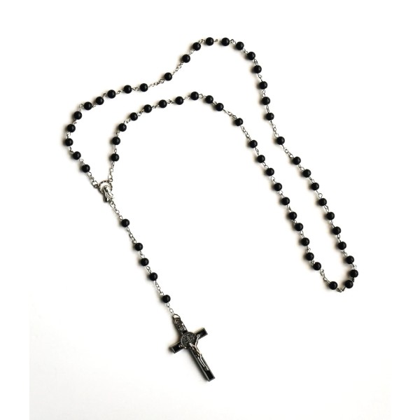 Black Beads Pressed Glass Rosary with Silver Tone/Black St. Benedict