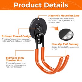 Wukong Large Magnetic Wall Hooks for Garage - No Drilling Required with 70 mm Rubberised Magnets Heavy Duty Double Hooks for Ladder, Chair, Hose, Bicycles, Power Tools Bulky