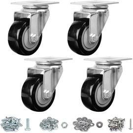 Finnhomy 3 Inch Swivel Casters Wheels Set of 4 Heavy Duty Plate Casters Premium Polyurethane PU Wheels for Furniture/Workbench Load Bearing 2,200 Lbs Anti-wear Smooth Casters Black (Free Screws)