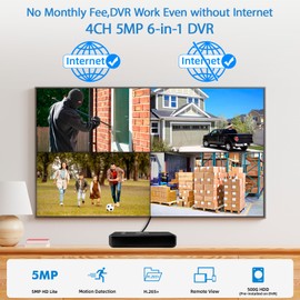 Fuers 5MP 4 Channel DVR with 500G HDD for Home Security Camera System with AI Human Detection, Hybrid 6-in-1(CVBS/XVI,AHD,TVI,CVI,IP) Surveillance CCTV DVR Recorder, Remote Access, Email Alarm