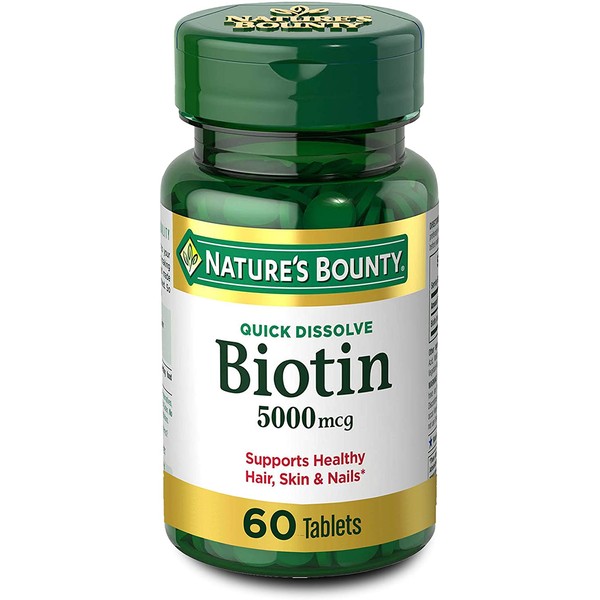 Biotin by Nature's Bounty, Vitamin Supplement, Supports Metabolism for Cellular Energy and Healthy Hair, Skin, and Nails, 5000 mcg, 60 Quick Dissolve Tablets