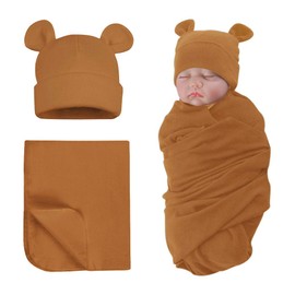 PESAAT Cotton Baby Swaddle Hat Set Newborn Infant Hats Receiving Blankets for Baby Boys Girls (Coffee, 0-6 Months)