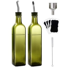 Olive Oil Dispenser Bottle, 2 Pcs Green Glass Olive Oil Dispenser and Vinegar Dispenser Set with 2 Stainless Steel Pourers, 4 Labels,1 Brush and 1 Funnel Oil Bottles for Kitchen (500ml)