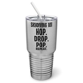PixiDoodle Skydiving 101 Skydiver and Free Falling Tumbler with Spill-Resistant Slider Lid and Silicone Straw (30 oz Tumbler, Silver)