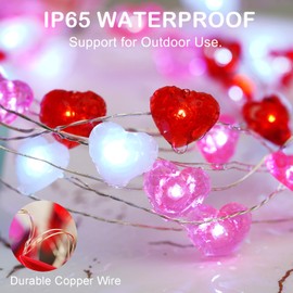 Libreath Valentine Decor - 10 ft 40 LED Red, White, Pink Heart String Lights with Timer - Battery Operated Indoor/Outdoor Valentine's Day & Mother's Day Decorations