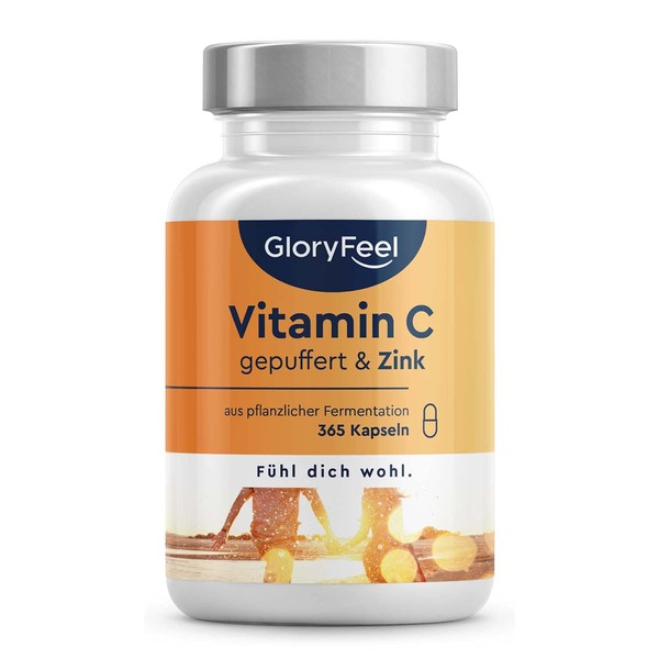 Vitamin C + zinc - 365 vegan capsules - 1000 mg buffered vegetable vitamin C (acid-free and stomach friendly) plus 20 mg zinc per daily dose - laboratory tested without additives made in Germany.