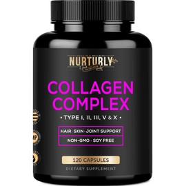 NURTURLY Multi Collagen Peptides Powder Capsules - Hydrolyzed Collagen Peptides Types (I, II, III, V & X) - Collagen Supplements for Hair, Skin & Nails - 120 Capsules