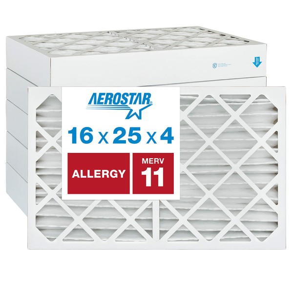 Aerostar 16x25x4 MERV 11 Pleated Air Filter, AC Furnace Air Filter, 6 Pack (Actual Size: 15 1/2"x24 1/2"x3 3/4")