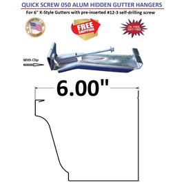 Quick Screw (100) 6" Hanger with Clip for K-Style Gutters. With pre-inserted #12-3 self-drilling screw. Made with heavy 0.050" Aluminum.