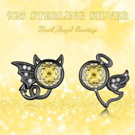 Angel and Devil Stud Earrings 925 Sterling Silver Cubic Zirconia Rose Cut Stud Earrings Jewellery Hypoallergenic Angel and Devil Earrings Christmas for Girls Women (Yellow), Sterling Silver, Cubic