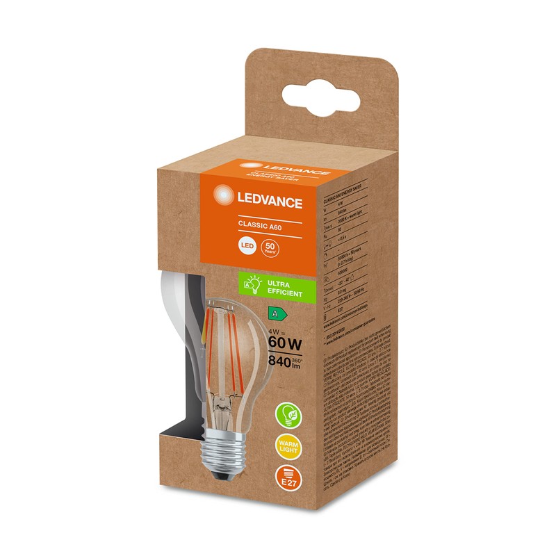 Ledvance Classic LED E27 Filament Bulb, Clear, 4 W, 840