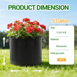 EOKOICA 5-Pack 5 Gallon Grow Bags, Thickened Aeration Fabric Pots with Handles, Heavy Duty Plant Bags for Vegetables, Tomatoes, Potatoes, Fruits & Flowers, Reusable Garden Pots for Plants