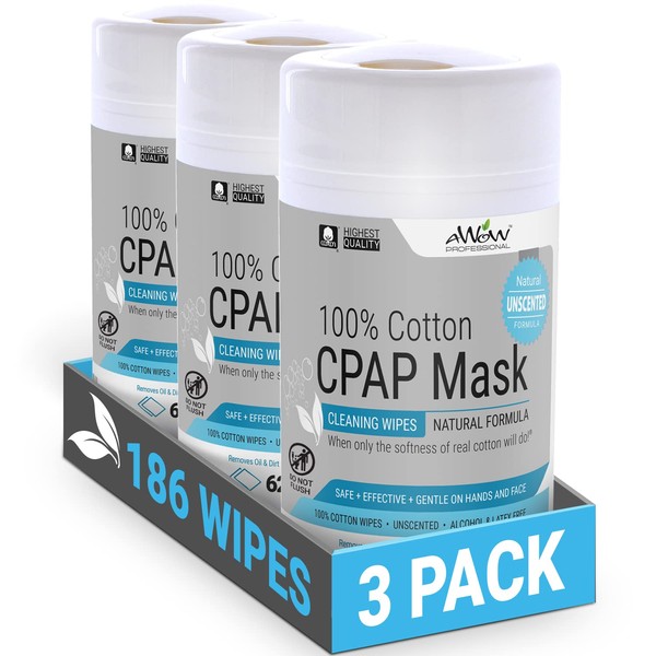 AWOW Professional CPAP Cleaning Wipes - Unscented 100% Cotton, Make CPAP-Mask-Cleaning easy for Daily CPAP / BiPAP Mask Maintenance, 62 CPAP Wipes per Canister. (3pk, 186 Wipes)