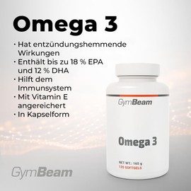 GymBeam Omega 3 Capsules High Dose - 2000 mg Fish Oil per Daily Dose with 18% EPA and 12% DHA, with Vitamin E, for Heart, Brain and Vision, 120 Capsules (4 Month Supply)