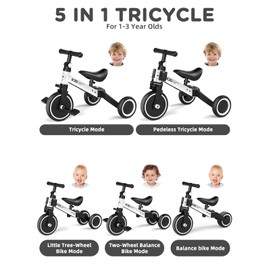 ﻿XJD 5 in 1 Toddler Bike, Tricycle for Toddlers 1-3 with Adjustable Seat Height, Removable Pedals, Ideal Balance Bike Birthday Gifts and Toys for Boys and Girls (White)