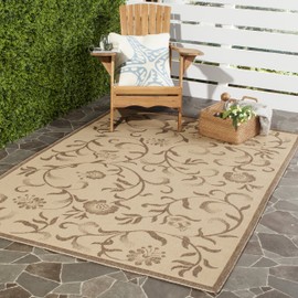 MARTHA STEWART x SAFAVIEH 4' x 5'7" Cream/Brown MSR4251 Swirling Garden Indoor/Outdoor Waterproof Easy Cleaning Patio Backyard Mudroom Area Rug