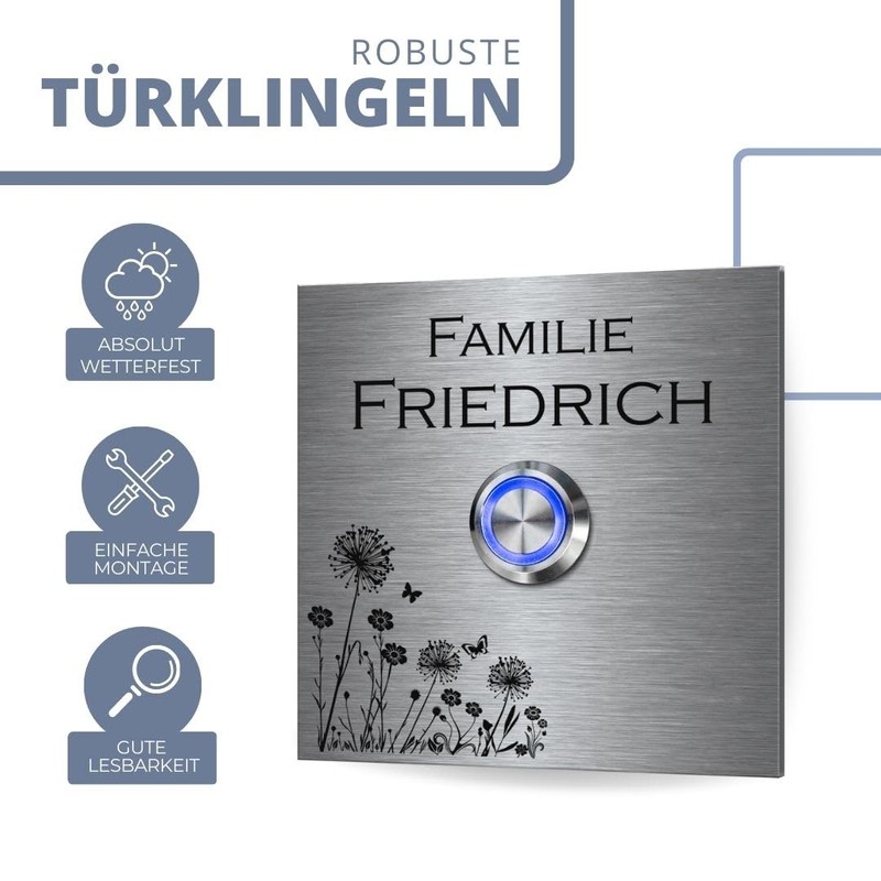 Robust doorbell made of stainless steel with desired text and