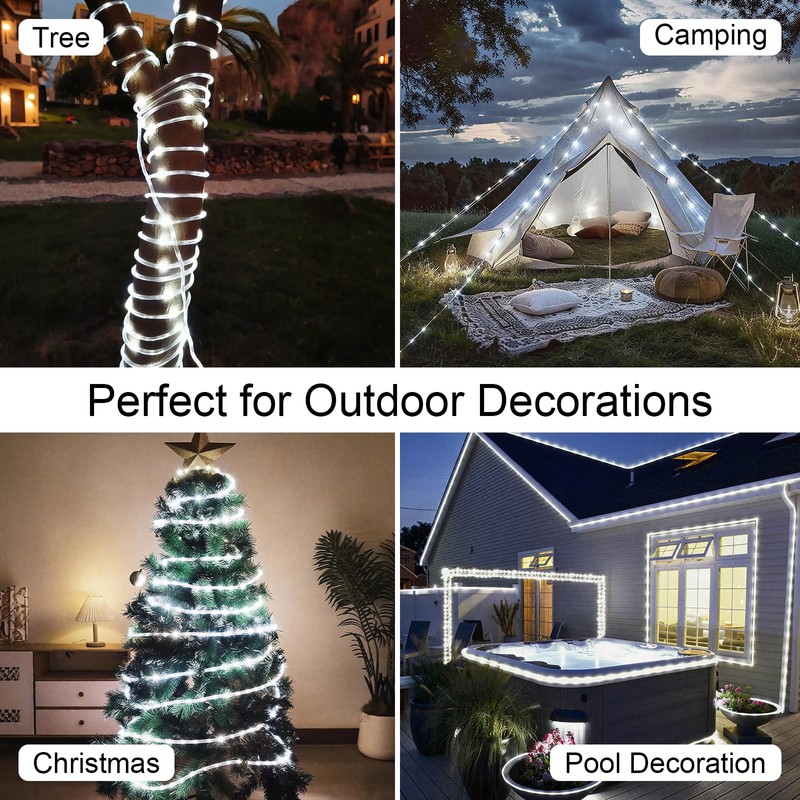 SFNDOU 33FT 100LED Solar Rope Lights Outdoor Waterproof, White Solar