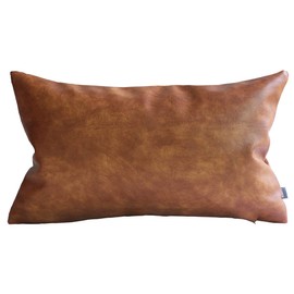 Kdays Thick Brown Faux Leather Lumbar Pillow Cover Cognac Leather Decorative Throw Pillow Case Farmhouse Rectangular Sofa Couch Cushion Covers Modern Minimalist Vegan Pillow Cover 12x20 Inches