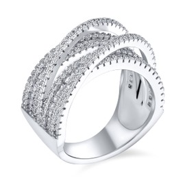 Personalise the Art Deco Style with Pave AAA CZ Crossover Criss Cross Costume False Stacking Broadband Ring with 4 Rows Baguette Multi Band for Women, Silver Plated with Rhodium, Customisable, Cubic