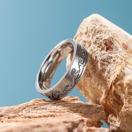 King Will Stainless Steel Men Ring Wedding Band for Men - 6mm Silver Plated Brushed Finish Inlay Ocean Waves Pattern Stainless Steel Men Wedding Ring for Everyday Wear Comfort Fit, Size 12