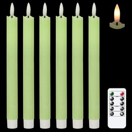 GenSwin Flameless Green Taper Candles Flickering with 10-Key Remote, Battery Operated Led Warm 3D Wick Light Window Candles Real Wax Pack of 6, Christmas Home Wedding Decor(0.78 X 9.64 Inch)