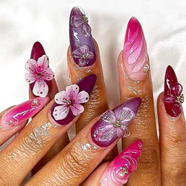 Rilafuvu Almond Press on Nails Medium Fake Nails Pink False Nails Cute Floral Nail Acrylic Nails Pearls Press on Nail Purple Ombre Glue on Nails for Women Girls 24 Pcs(5D flower almond nails)
