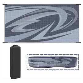 EEZ RV Products 9ft x 12ft Heavy Duty Reversible/Durable Outdoor Patio/RVing Camping Mats Come with Large Storage Bag & 6 Sets of Stakes and Washer, Wave Grey