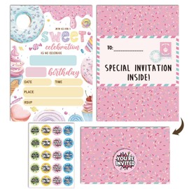 Sweets Birthday Invitation, 5x8 inches Girls Birthday Invitations, 20 pcs Birthday Invite with 20 Stickers, Colorful Fill-In Birthday Invitation, Birthday Party Invitations Cards Foldable Design-A11