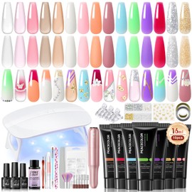 PEACECOLOR 36Pcs Poly Nail Gel Kit with Drill U V Light, 15 Colors Hot Pink Nude Blue Purple Nail Extension Gel with Slip Solution Glossy Matte Top Coat Starter Kit Home Salon DIY