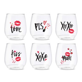 TOSSWARE POP 14oz Vino XOXO Series, SET OF 6, Recyclable, Unbreakable & Crystal Clear Plastic Printed Glasses