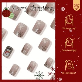 Christmas Press on Nails Short Almond False Nails White Fake Nails with Xmas Snowman Design Glitter Artificial Nails Acrylic Glue on Nails Short Acrylic Nails Christmas Stick on Nails for Women